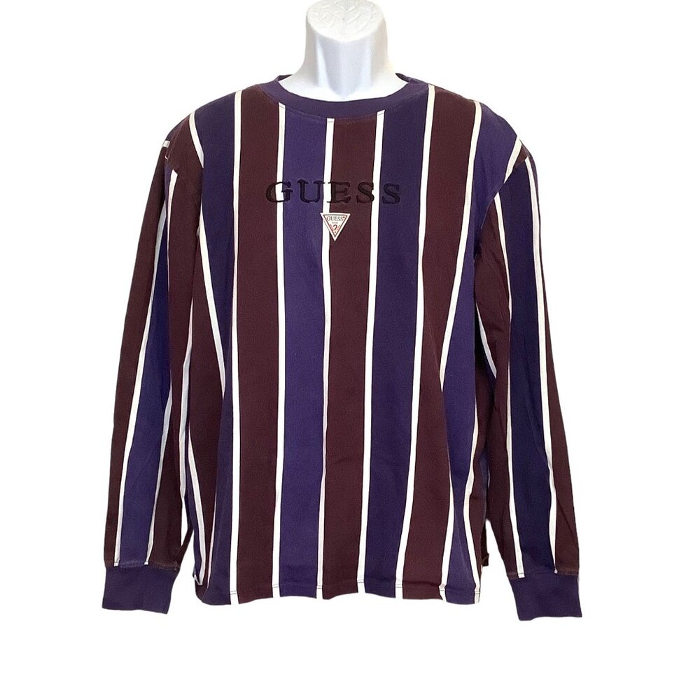 Retro GUESS M Embroidered Spell Out Vertical Stripe  Long Sleeve T-Shirt Tee Y2K